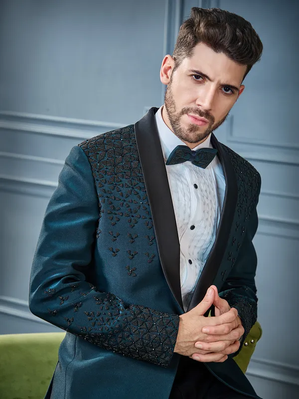 Teal green metal pearls embellished tuxedo suit