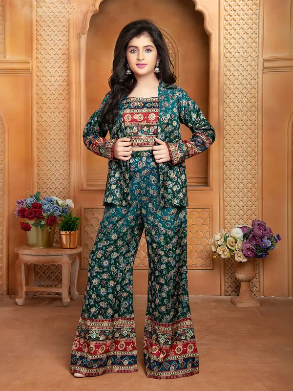 Teal green printed jacket style co ord set