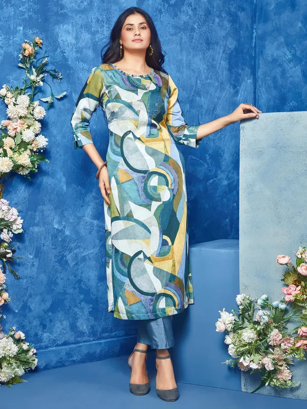 Teal green printed kurti with pant