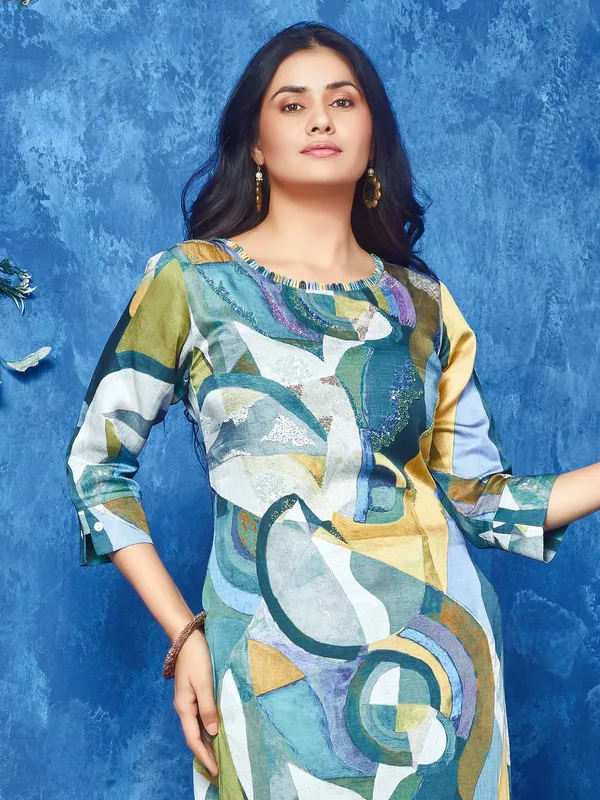 Teal green printed kurti with pant