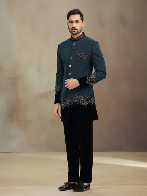 Teal Green reception wear indowestern with cutdana detailing