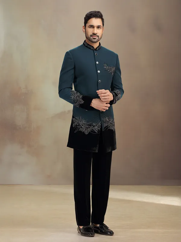 Teal Green reception wear indowestern with cutdana detailing
