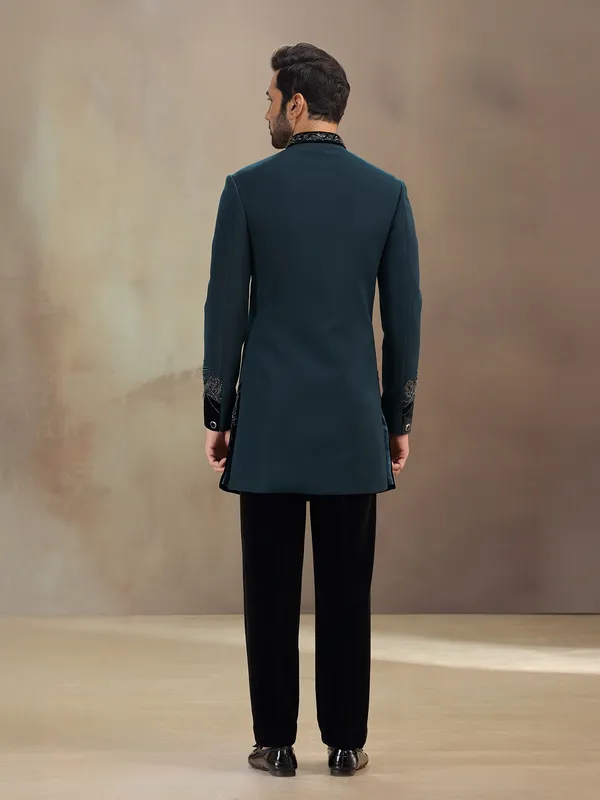 Teal Green reception wear indowestern with cutdana detailing