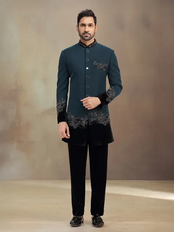 Teal Green reception wear indowestern with cutdana detailing