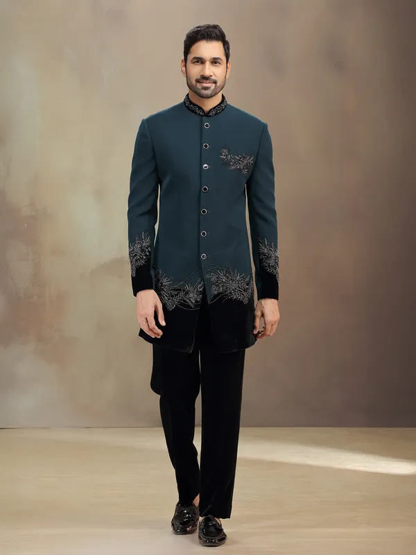 Teal Green reception wear indowestern with cutdana detailing