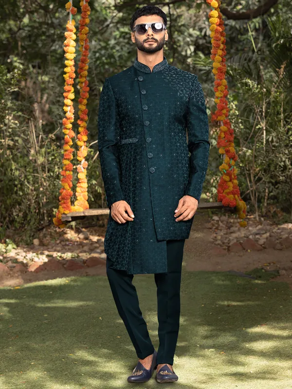 Teal green silk indowestern for reception