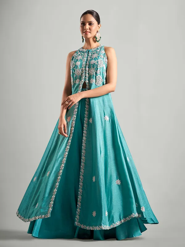 Teal green silk palazzo salwar suit