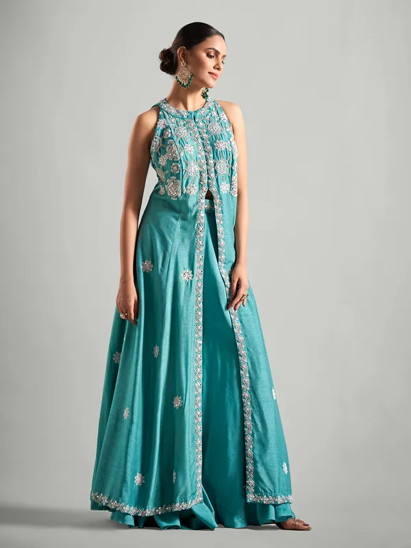 Teal green silk palazzo salwar suit