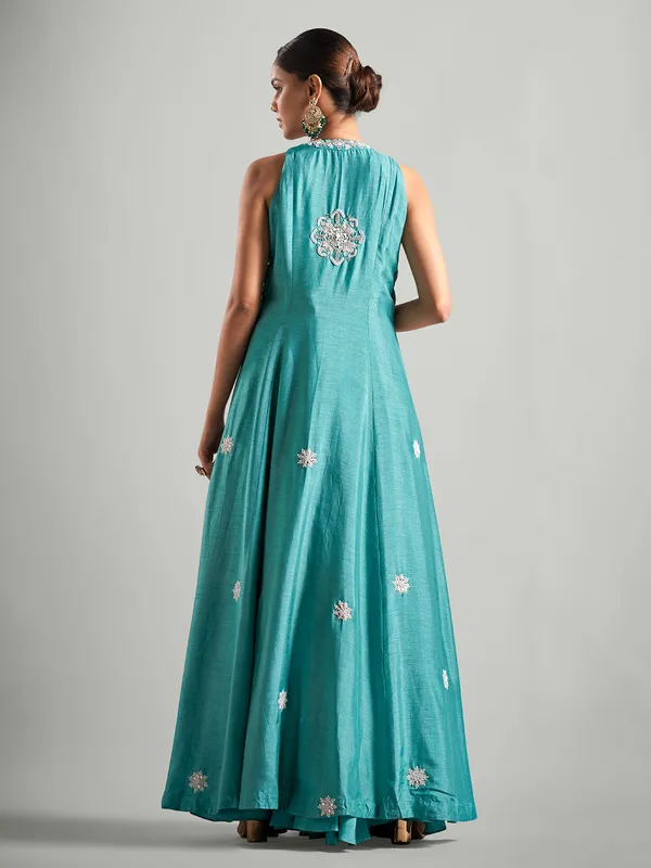Teal green silk palazzo salwar suit