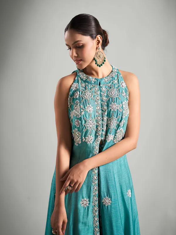 Teal green silk palazzo salwar suit