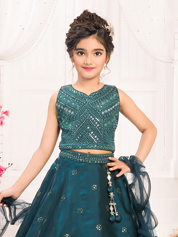 Teal green silk V neck lehenga choli with dupatta