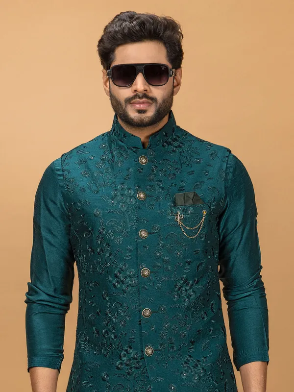 Teal green silk waistcoat set for wedding