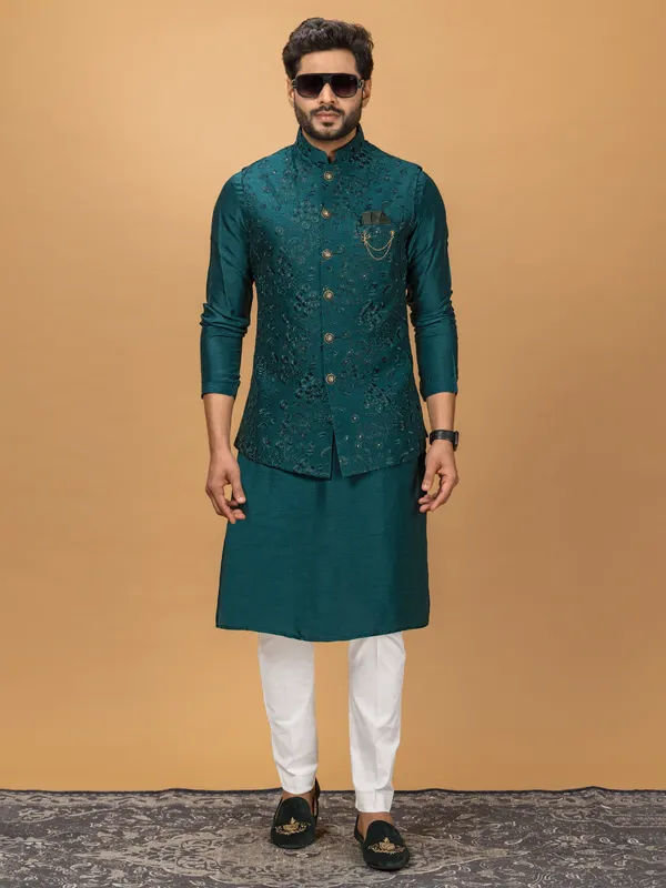 Teal green silk waistcoat set for wedding