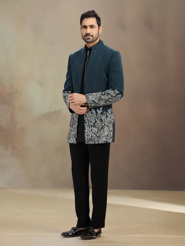 Teal Green terry rayon indowestern set with embroidery