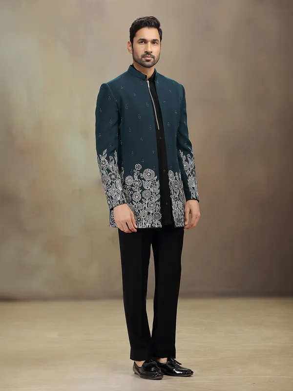 Teal Green terry rayon indowestern set with embroidery