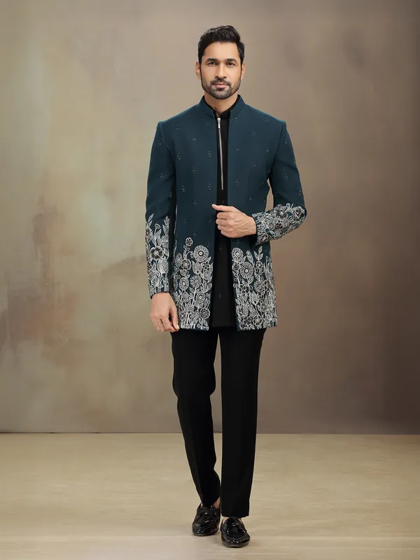 Teal Green terry rayon indowestern set with embroidery