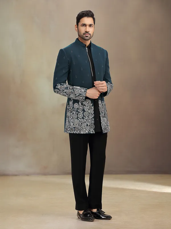 Teal Green terry rayon indowestern set with embroidery