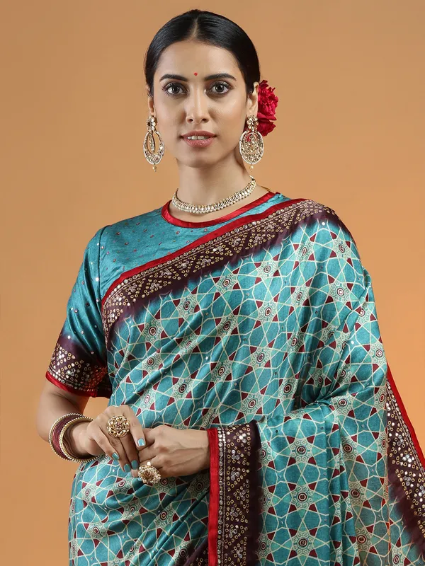 Teal green wedding wear printed saree in modal silk