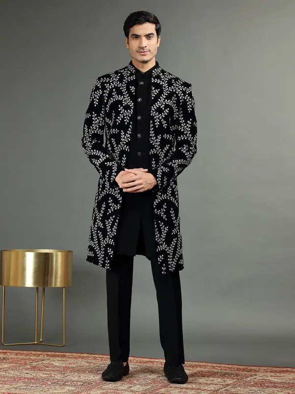 Terry rayon black embroidery indowestern