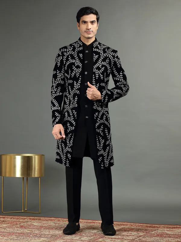 Terry rayon black embroidery indowestern