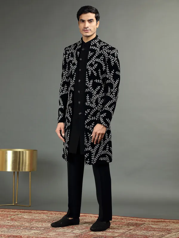 Terry rayon black embroidery indowestern