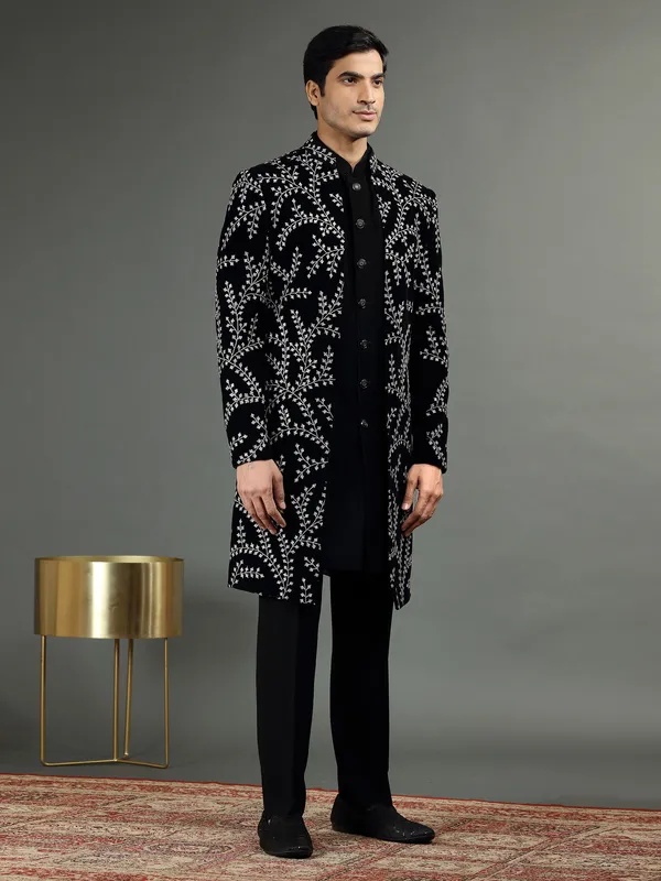 Terry rayon black embroidery indowestern