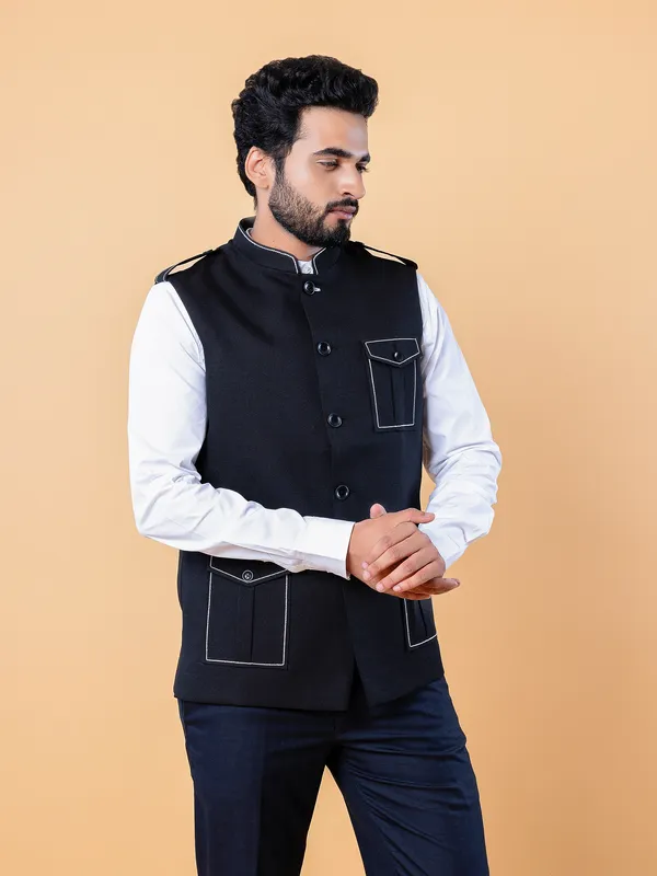 Terry rayon black plain waistcoat