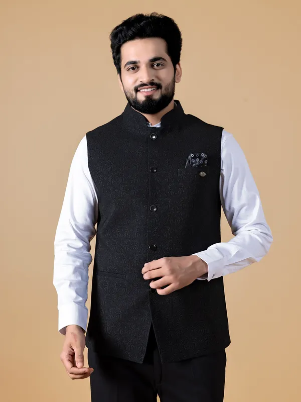 Terry rayon black texture waistcoat