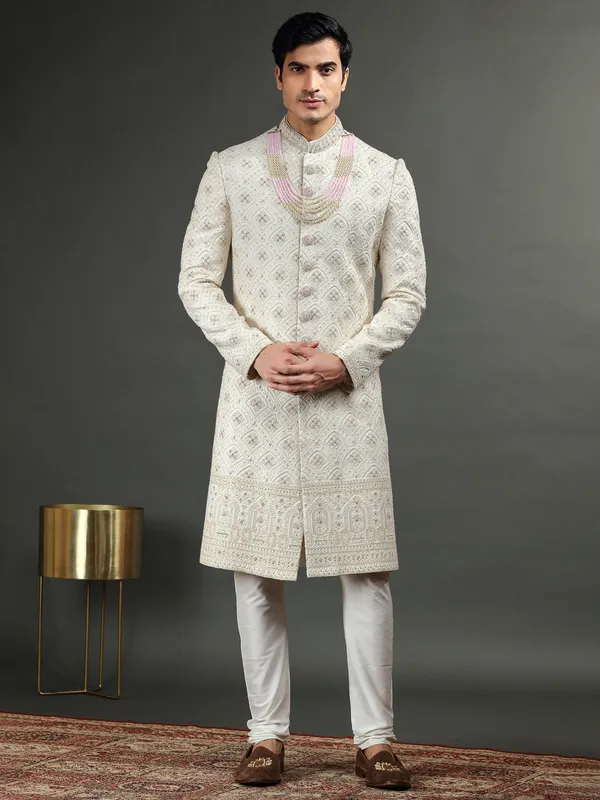 Terry rayon cream groom sherwani