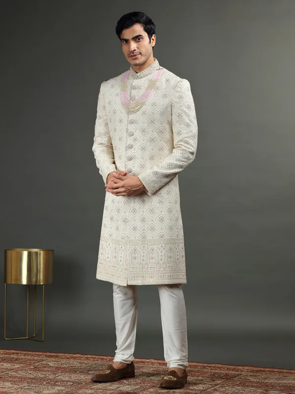 Terry rayon cream groom sherwani