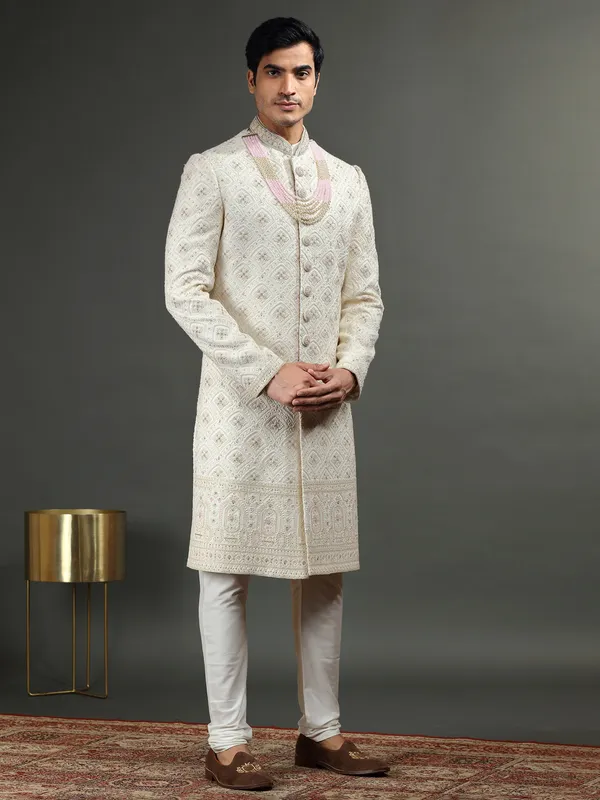 Terry rayon cream groom sherwani