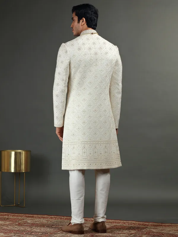 Terry rayon cream groom sherwani