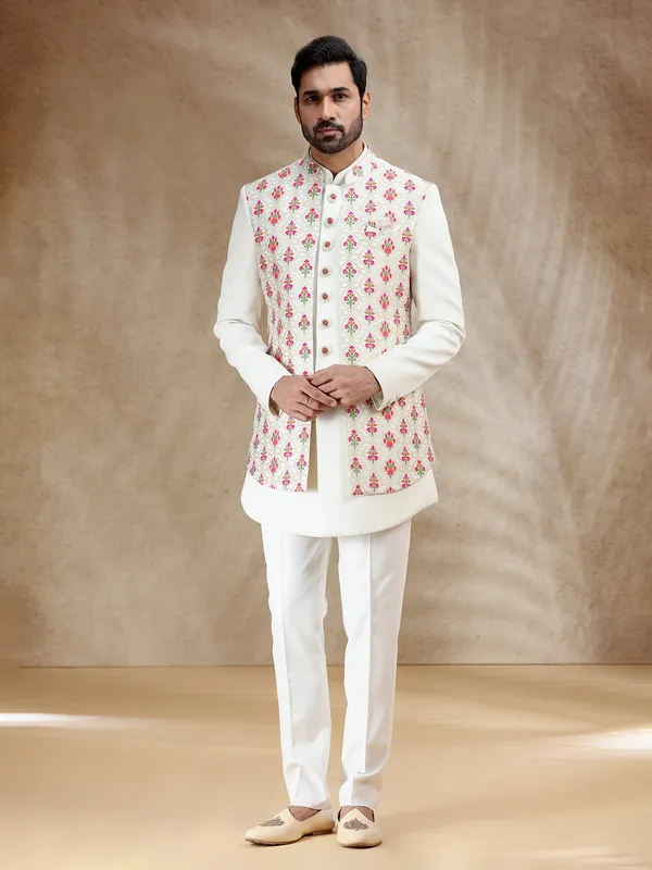 Terry rayon indowestern set in ivory cream