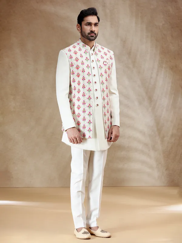 Terry rayon indowestern set in ivory cream