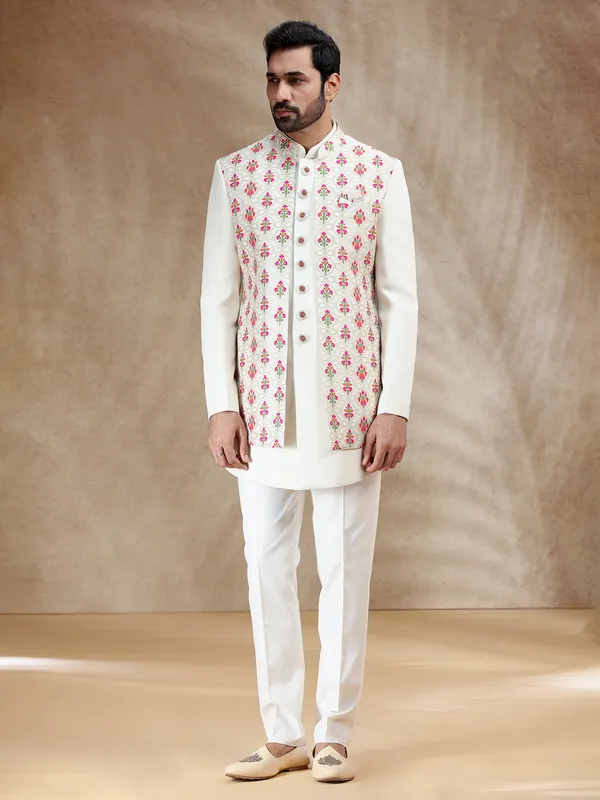 Terry rayon indowestern set in ivory cream