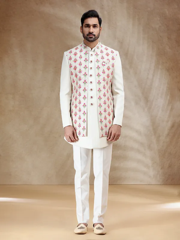 Terry rayon indowestern set in ivory cream