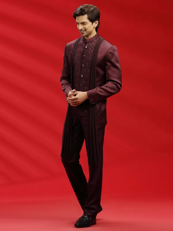 Terry rayon maroon color jodhpuri suit for reception