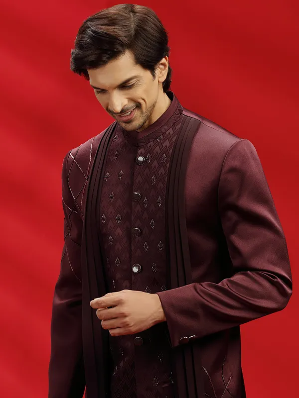Terry rayon maroon color jodhpuri suit for reception