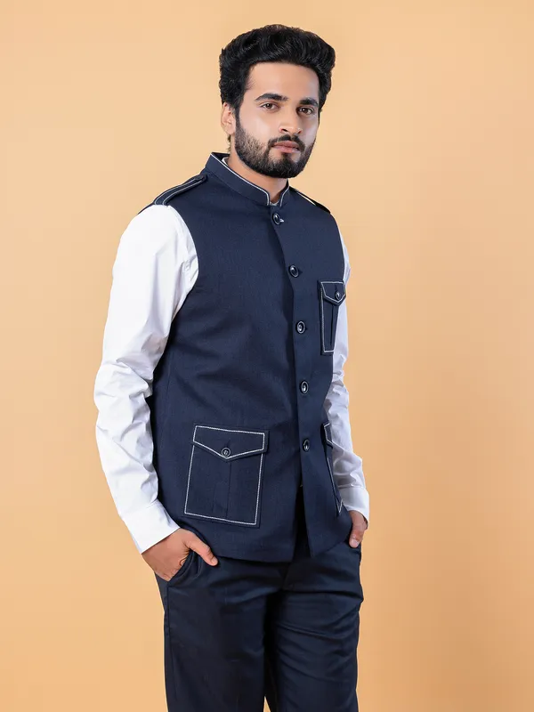 Terry rayon navy plain waistcoat