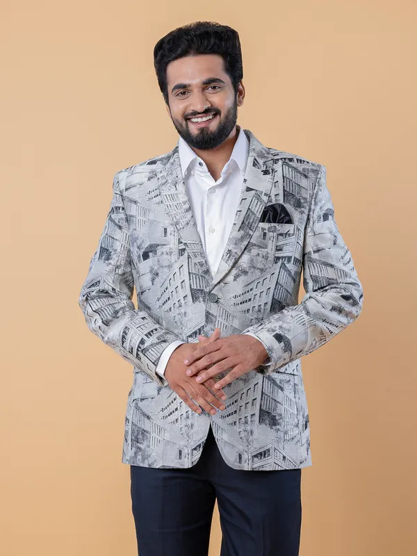 Terry rayon printed blazer in grey
