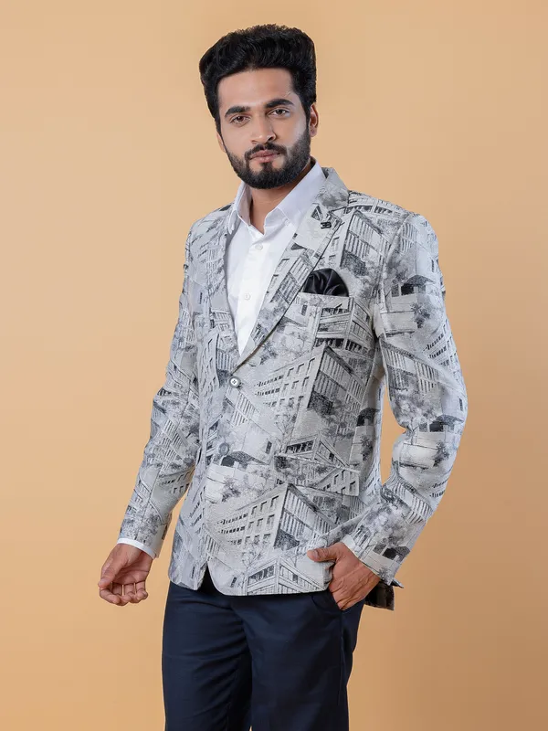 Terry rayon printed blazer in grey