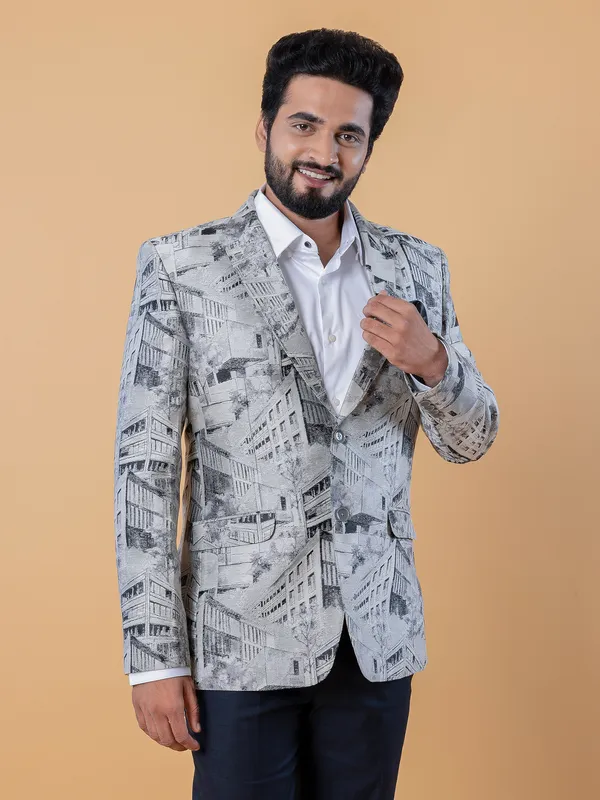 Terry rayon printed blazer in grey