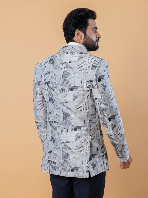 Terry rayon printed blazer in grey