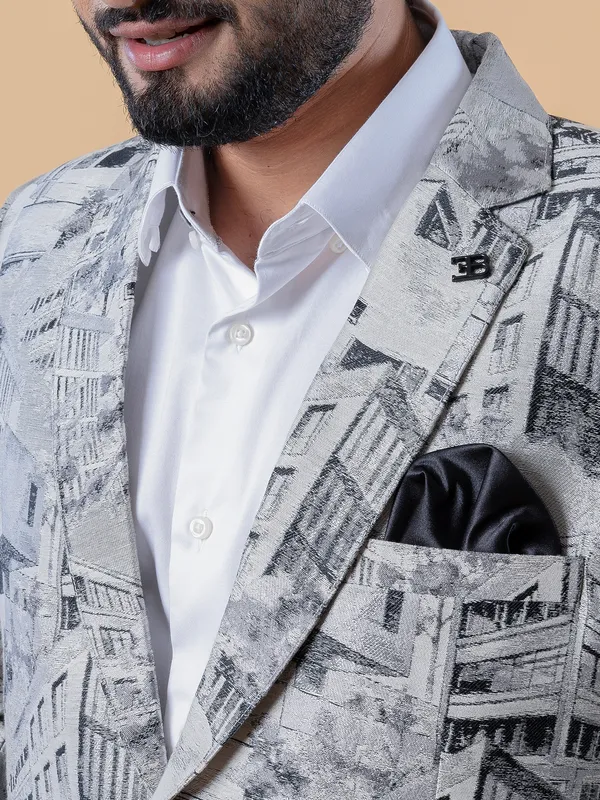 Terry rayon printed blazer in grey