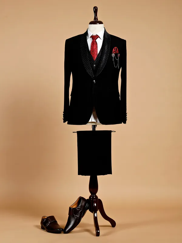 Terry rayon reception wear black coat suit in textured