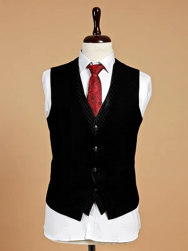 Terry rayon reception wear black coat suit in textured