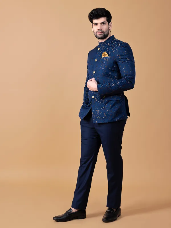 Terry rayon royal blue texture jodhpuri suit