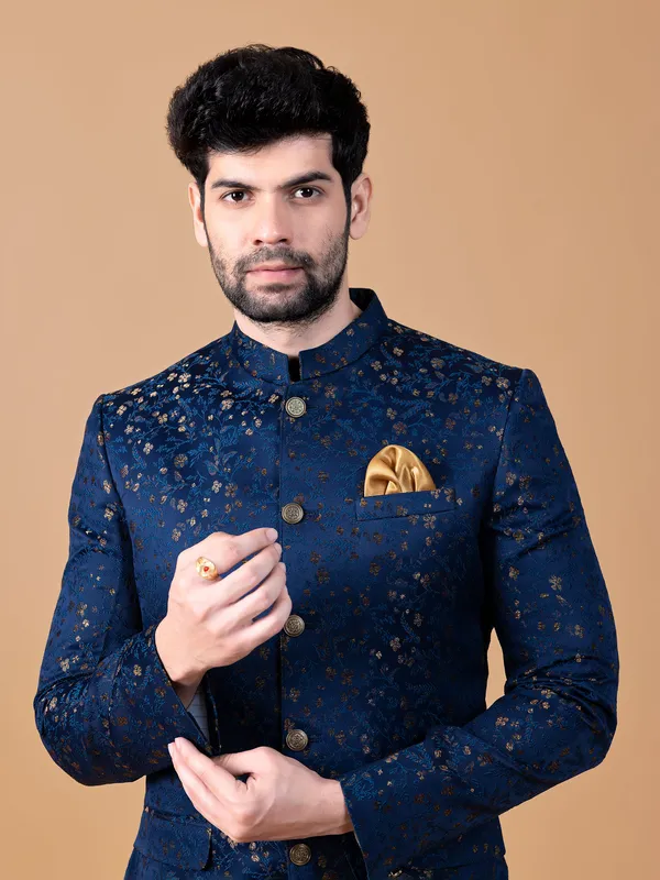 Terry rayon royal blue texture jodhpuri suit