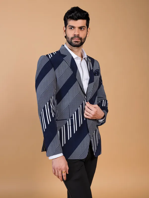 Terry rayon stripe navy blazer