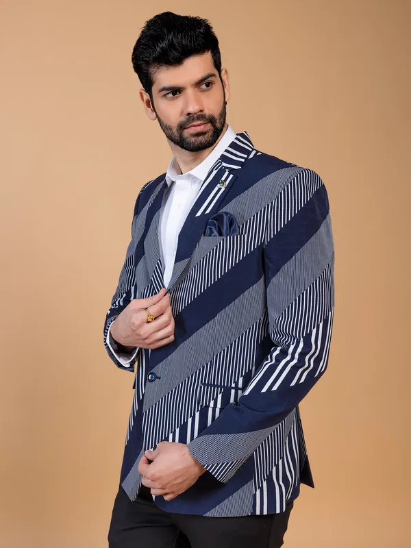 Terry rayon stripe navy blazer